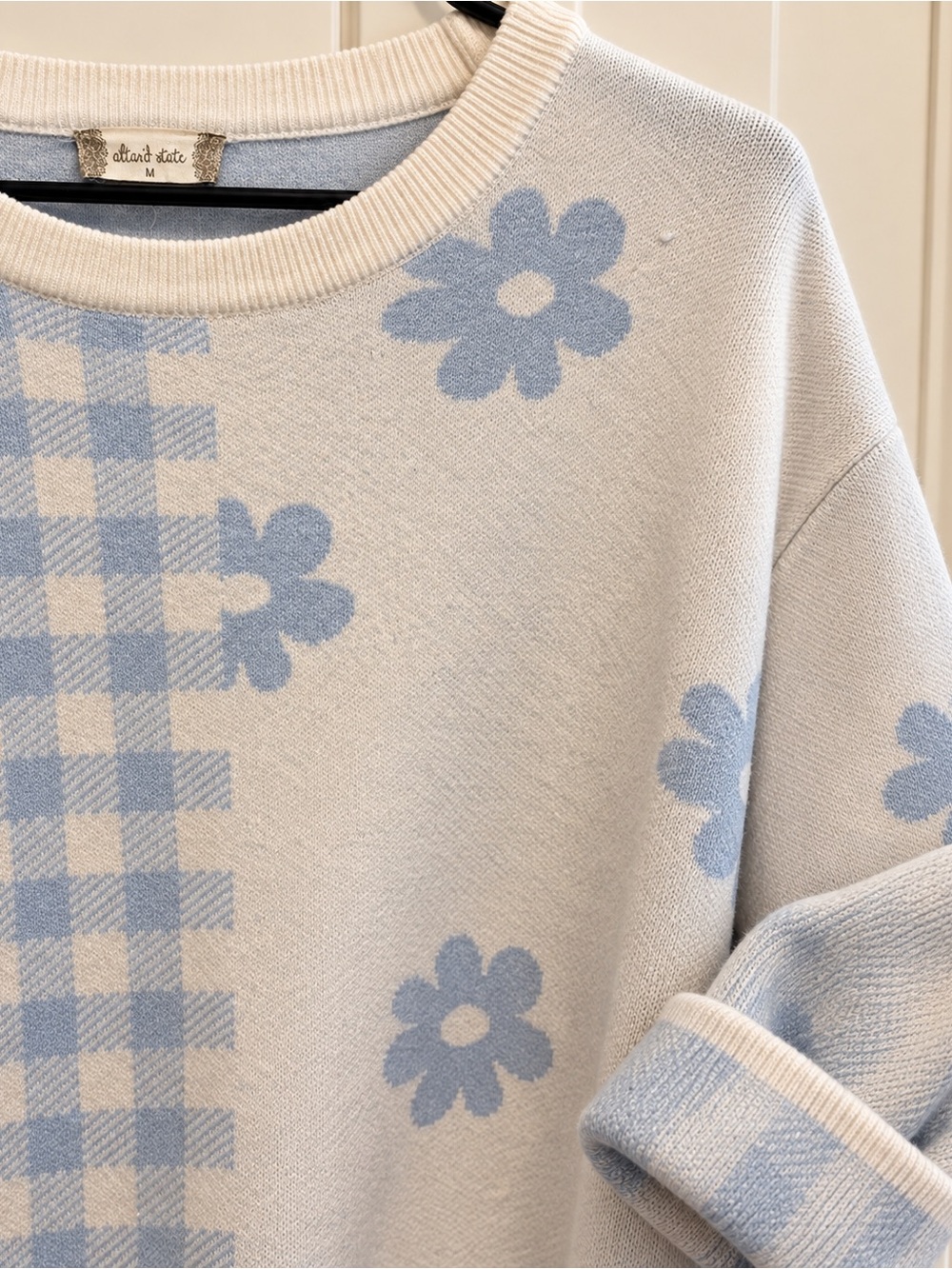 Altar'd State Light Blue and White Floral Gingham Crewneck Sweater - Picture 3 of 5